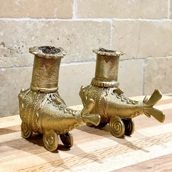 Candle Stand / Holder - Brass Dhokra Fish Shape - Vintage - Handmade Set of 2 - Picture 7 of 9
